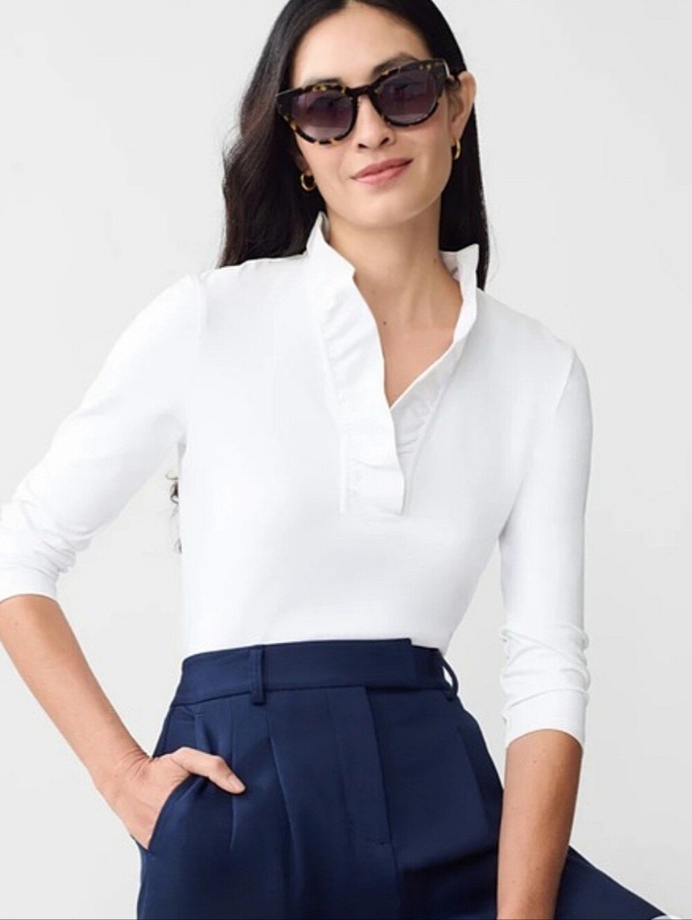 J. McLaughlin Durham Catalina Cloth Pullover Ruffle Neck Blouse Top Sz Lg White